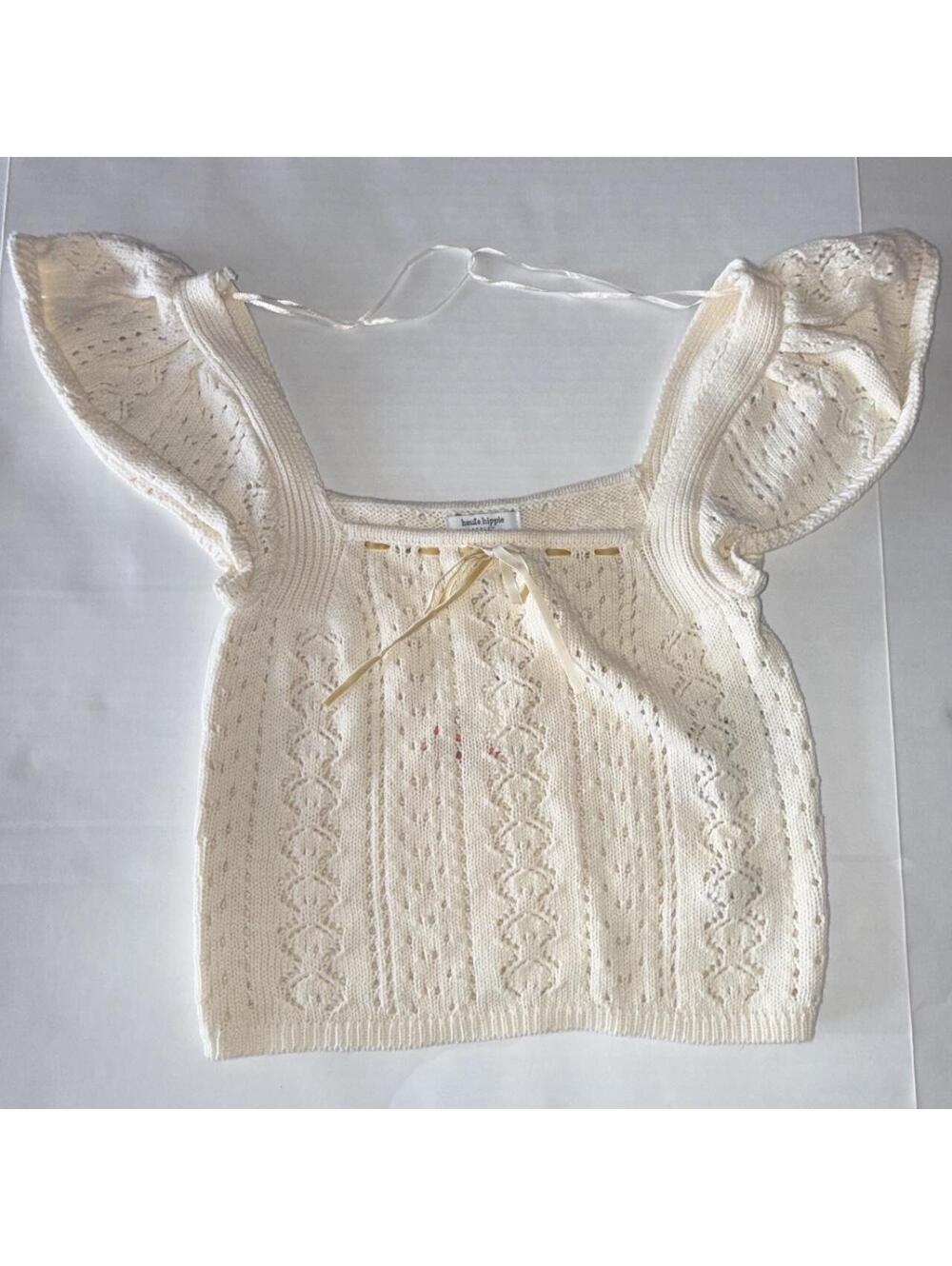 NWT Haute Hippie M Ivory Pointelle Knit Flutter Sleeve Top Velvet Bow Coquette